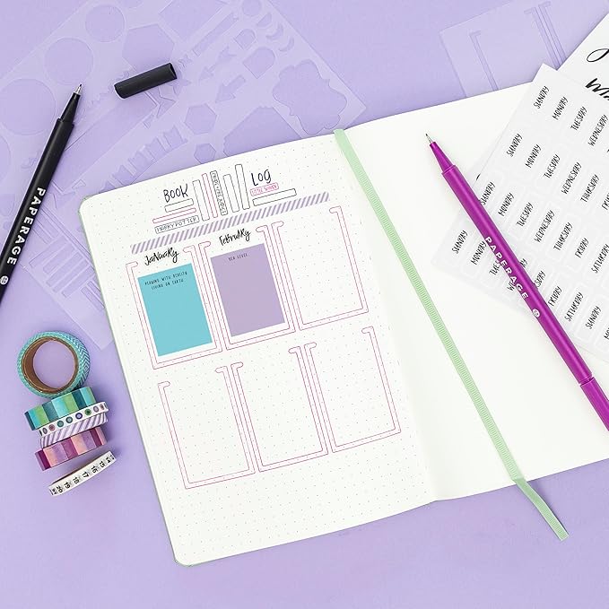 PAPERAGE Bullet Style Journal Kit, Dotted Journaling Set & Stationary Kit, Hardcover Dotted Journal Notebook (Blush), 12 Fineliner Pens, 8 Sticker & 4 Stencil Sheets, 6 Washi Tapes