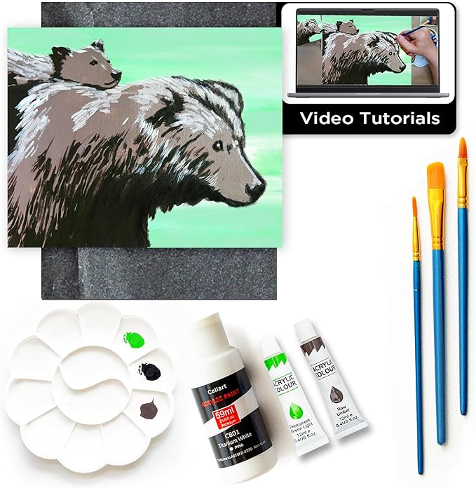 DIY Painting Class Kit for Adults with Video Tutorials: Learn to Paint Mama & Baby Bear – How to Paint with Acrylics – Ideal Mothers Day Gift – 9 Piece Acrylic Paint Set