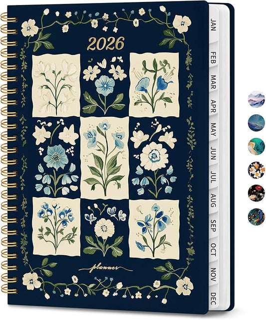 2026 Planner, Monthly and Weekly Calendar Planner for Women, Jan 2026 - Dec 2026, Hardcover Pretty 2026 Agenda Planner Book with Tabs, Spiral Bound, Perfect for School Office Home Supplies, 6.3" x 8.5" - Blue Patchwork