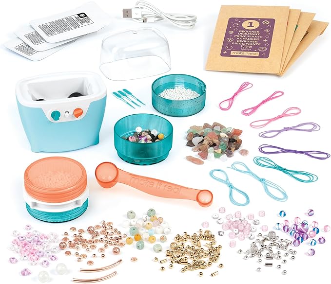 Make It Real: Rock Tumbler & Polish-Shine Bead Tumbler – 327pc Jewelry Craft Kit, Natural Stone Polishing Machine, Create 8 Bead Bracelets, Tweens-Girls-Kids 8+
