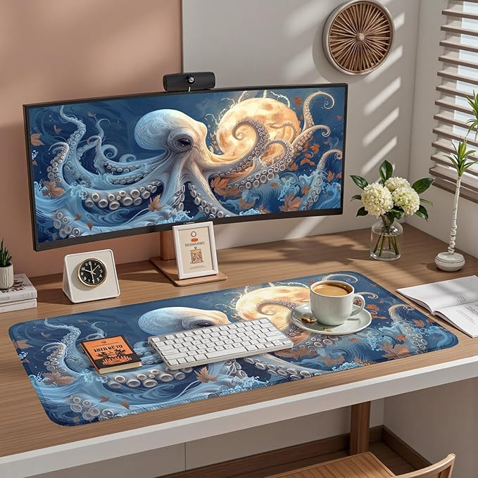 White Octopus Moon Gaming Mouse Pad Xl-31.5x15.7in- Octopi Desk Mat- Blue Extended Aesthetic Keyboard Mouse Pad, Gamer Gifts, Gift for Him/Her