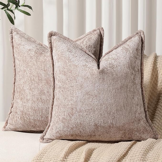 Pack of 2 Khaki Decorative Throw Pillow Covers 22x22 Cozy Soft Chenille Accent Vintage Square Couch Pillow Covers for Home Decor Bed Sofa Living Room