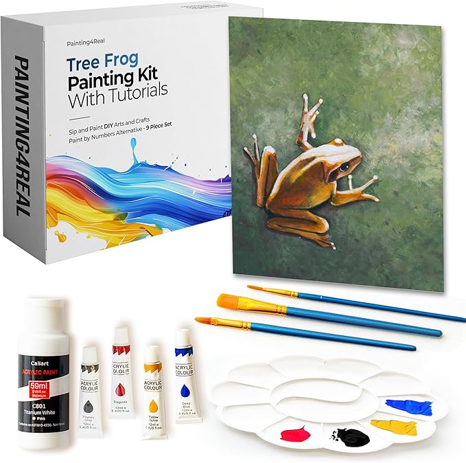 Painting4Real DIY Painting Class Kit for Adults with Video Tutorials: Learn to Paint Tree Frog – How to Paint with Acrylics – Painting & Art Supplies – 9 Piece Acrylic Paint Set