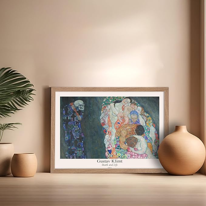Poster Master Vintage Gustav Klimt Poster - Retro Death and Life Print - Art Nouveau - Symbolism Art - Abstract Art - Aesthetic Art - Classic Painting - Living Room Decor - 16x20 Beige Framed