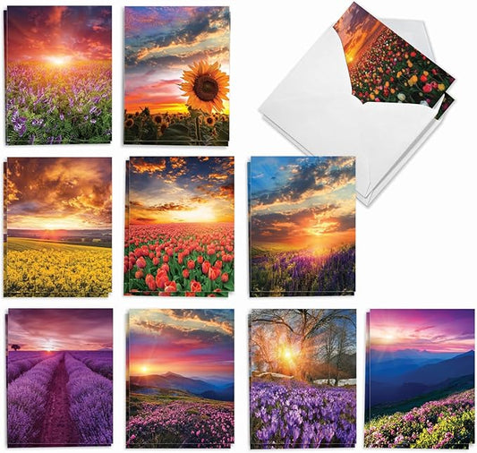 The Best Card Company - 20 Landscape Nature Note Cards Blank (4 x 5.12 Inch) (10 Designs, 2 Each) - Blooming Sunsets AM9263OCB-B2x10