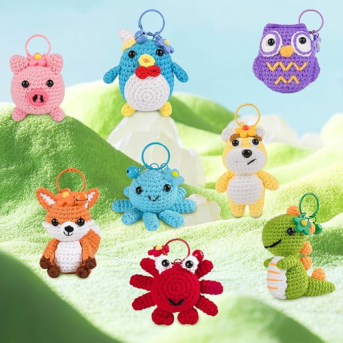 Yayvokuv 8Pcs Crochet Kit for Beginners, 2026 Gift for Crochet Lovers, DIY Craft for Adults and Kids, Crocheting Animal Kits with Step by Step Videos, Yarn, Crochet Hook, Birthday Holiday Gift (Blue)