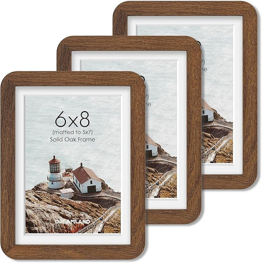 Dreamland 6x8 Picture Frame Set of 3, Solid Oak Wood Photo Frame with Mat for 5x7, Round Corner 6 x 8 Matted Picture Frames with Resistant Plexiglass for Wall Mounting or Tabletop, Walnut Color