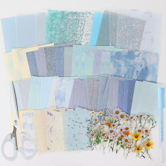 Koqye 131PCS Aesthetic Scrapbook Paper Pack, Junk Journal Supplies Starter Kit with Floral Stickers, Scissors, Quick Dry Glue Pen, Scrapbook Kit for Planner DIY Arts Craft Collage (Coastal Tide)