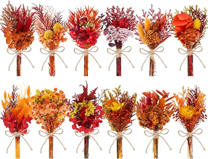12/24 PCS Charming Dried Flowers Bouquet for Vase Various Dried Wildflowers with Stems Mini Handmade Wildflowers Natural Real Flowers Bulk Flowers Craft (Burnt Orange Series, 12PCS)