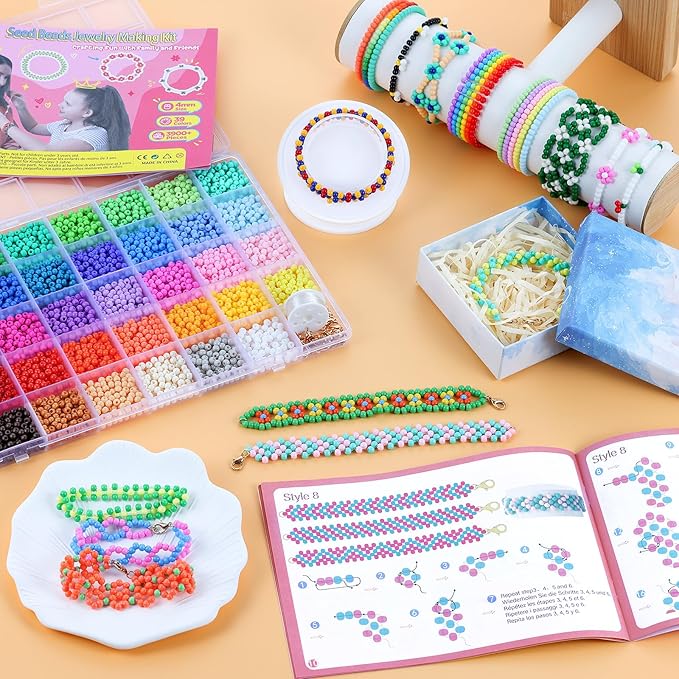 4mm Seed Beads for Jewelry Making, Funtopia 39 Colors Uniform Small Beads for Bracelet Making Kit, 3900pcs Glass Seed Bead Kit with Instructions, Tiny Craft for DIY Art Jewelry Making