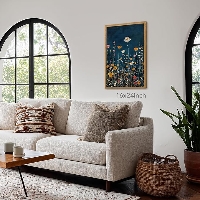 CAZLOUC Vintage Wildflower Wall Art, Colorful Botanical Flower Wall Decor, Rustic Dark Blue Floral Canvas Painting, Classic Minimalist Poster Print for Bedroom Office Wood Framed 16x24 Inch