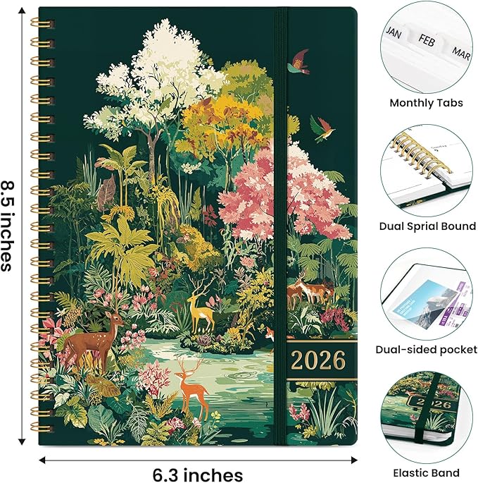 2026 Planner, Weekly and Monthly Planner for Women, January 2026 to December 2026, Pretty Hardcover 2026 Calendar Planner Book with Tabs, Inner Pocket, Spiral Bound, Perfect Office Home School Supplies - 6.3" x 8.5", Enchanted Forest