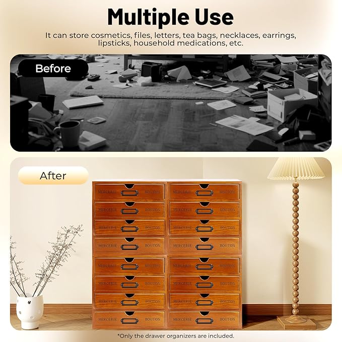 4-Pack Wooden Drawer Organizer Set – 16-Drawer Vintage Storage Box with Label Holders – for Desk, Office, Bedroom – Brown Pine Wood
