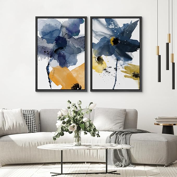 SIGNWIN Framed Wall Art Print Set Watercolor Splash Blue & Yellow Daisies Floral Botanical Illustrations Modern Art Chic Colorful Relax/Calm for Living Room, Bedroom, Office - 24"x36"x2 Black