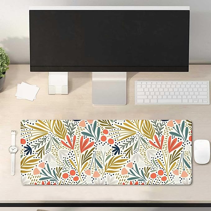 Decorative Floral Pattern Large Mouse Pad for Desk with Non-Slip Rubber Base,Big Desk Pad Desk Mat Featuring Flowers and Leaves,Computer Mouse Pads for Wireless Mouse Mousepad with Stitched Edges