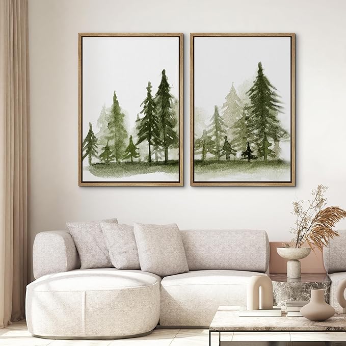 SIGNWIN Framed Wall Art Print Set Watercolor Dark Green Forest Pine Trees Nature Wilderness Illustrations Modern Art Rustic Relax/Calm Multicolor for Living Room, Bedroom, Office - 16"x24"x2 Natural