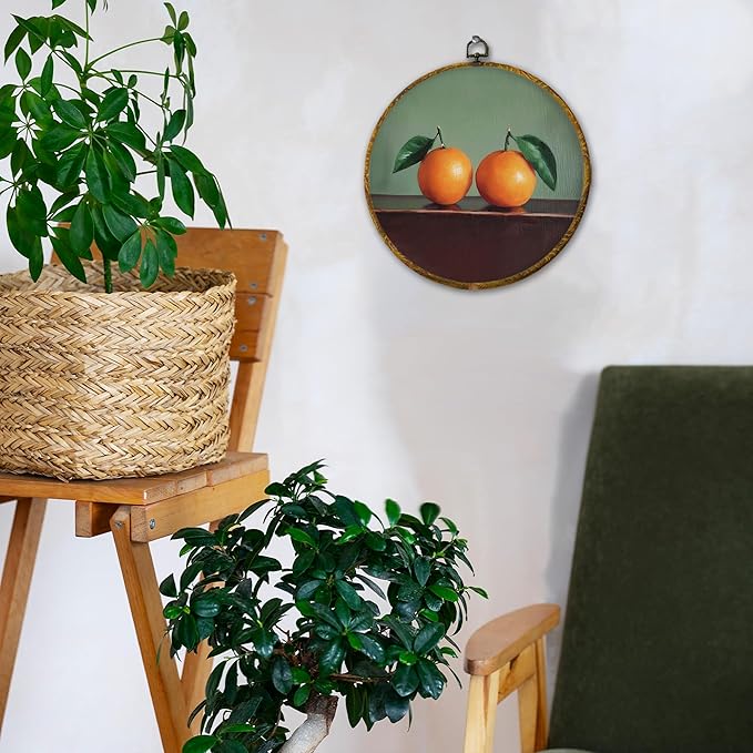 Hiuwevt Vintage Two Oranges Round Wall Art Decor, Retro Citrus Fruits Painting Hanging Canvas Prints Artwork Framed, Mild Green Still Life Circular Wall Decor for Home Living Room, 10x10 Inch