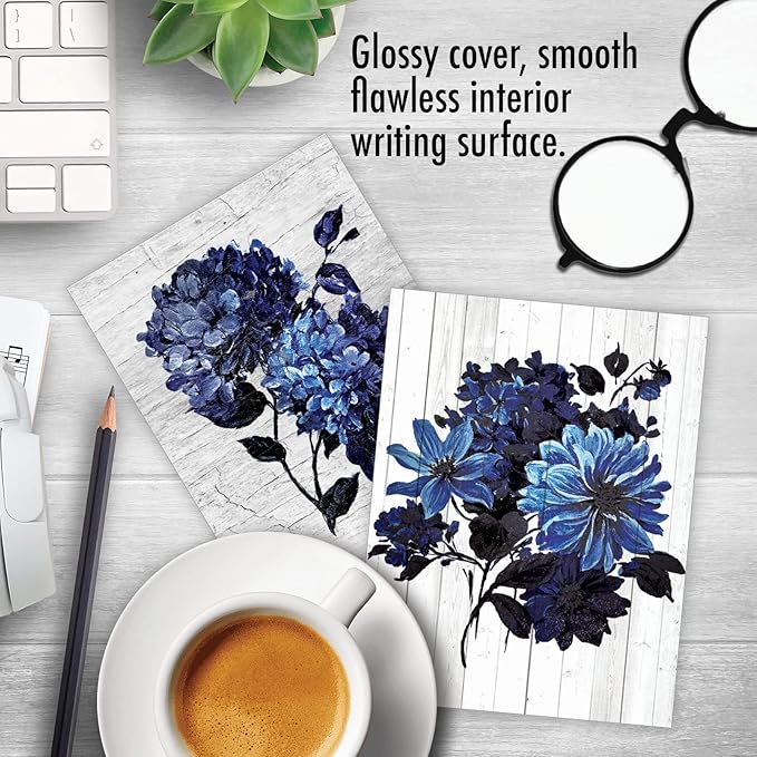 The Best Card Company - 10 Blank Note Cards with Envelopes (4 x 5.12 Inch) - Bulk All Occasion Cards Boxed - Driftwood Indigo Flowers AM6825OCB-B1x10