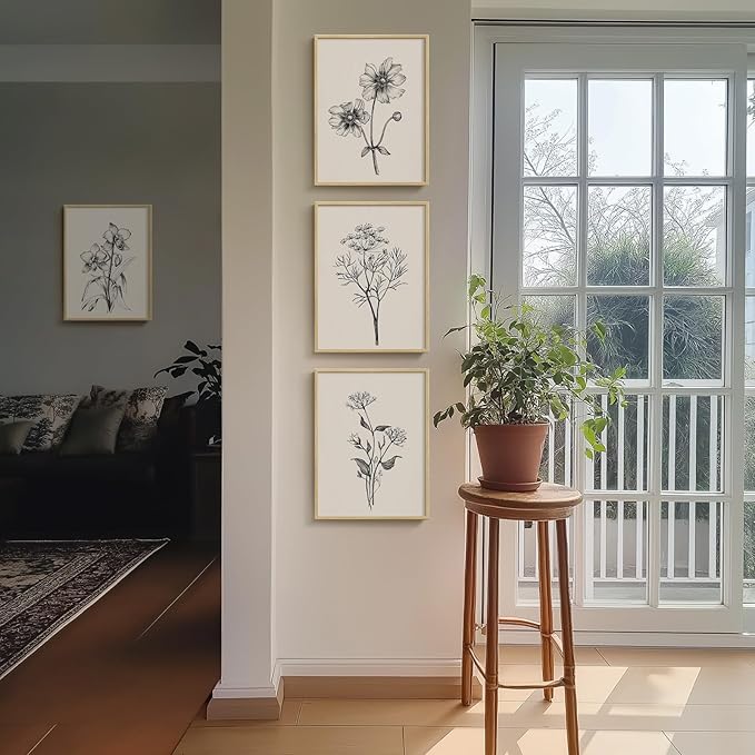 Framed Floral Wall Art for Living Room, 4 Piece Neutral Rustic Botanical Painting Canvas Prints Artwork for Modern Farmhouse, Vintage Minimalist Flower Pictures for Hallway Bedroom Kitchen Wall Decor