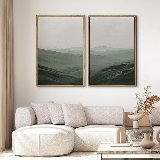 SIGNWIN Framed Canvas Print Wall Art Set Watercolor Green Mountain Valley View Nature Wilderness Illustrations Fine Art Farmhouse/Country for Living Room, Bedroom, Office - 16"x24"x2 Natural