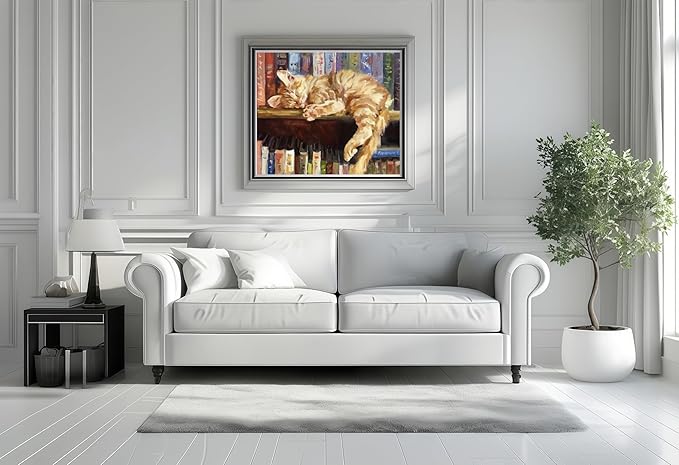 Paint by Numbers Kit for Adults Beginner,Bookshelf Sleeping Cat Paint by Number Kits Canvas Without Framed,Animal Cat DIY Acrylic Oil Painting Adults Paint by Numbers Kits for Home Wall Decor 20x16 In