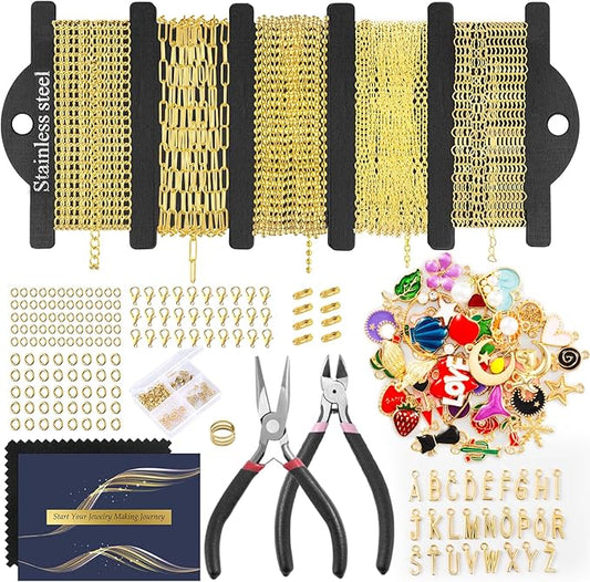 HUISUYTON 16.4 FT Gold Chain for Jewelry Making, Jewelry Making Chains Kit with Jump Rings/Lobster Clasps/Connectors/Charms/Pliers, Stainless Steel Necklace Chains for DIY Craft