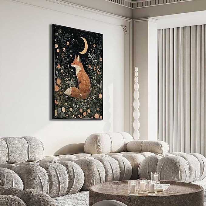 Fairytale Dreamy Fox Wall Art Vintage Moonlit Forest Floral Plant Night Canvas Poster Print Whimsical Nature Aesthetic Picture Decor for Nursery Living Room Bedroom Office 16x24inch Metal Black Framed