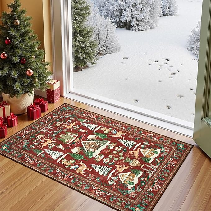 jinchan Christmas Rug 2x3 for Entryway Kitchen Small Maroon Holiday Rug for Porch Bathroom Christmas Tree and Cabin Printed Winter Xmas Decor Washable Doormat for Bedroom Non Slip