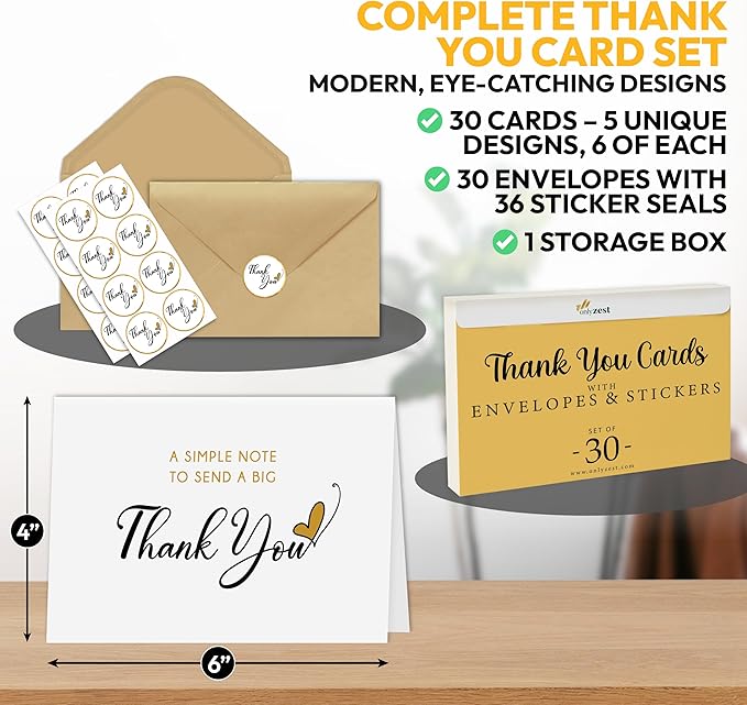 30 Pack Blank Thank You Cards—4 x 6 Inches Simple Thank You Notes with Envelopes and Stickers, Minimalist Bulk Box Set for Weddings, Baby Showers, Small Businesses, Birthdays, Holiday