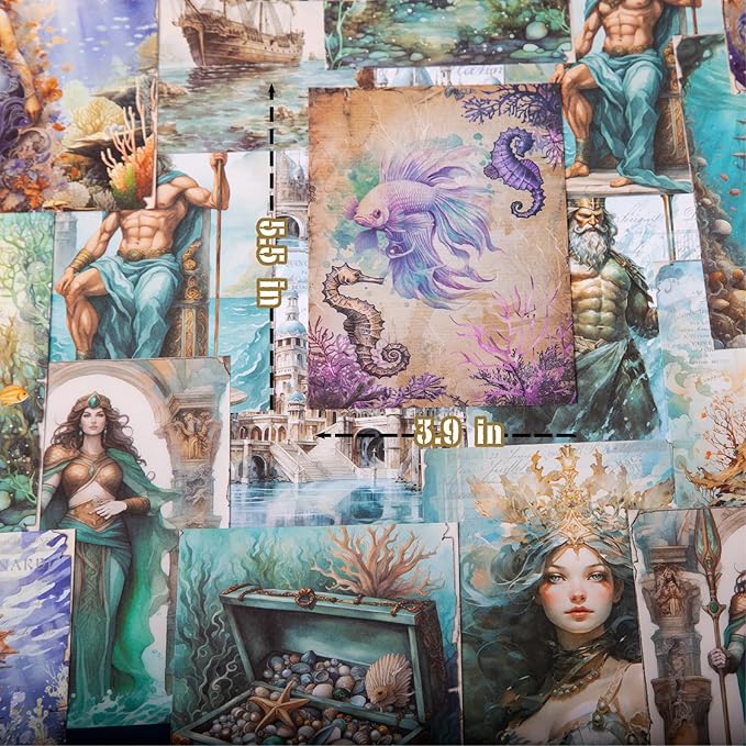 Yoksas 120 Sheets Vintage Mythology Fantasy Sea Ocean Scrapbook Paper - Mermaid Seahorse Corals UnderSea Junk Journals Decorative Cardstock for Posters,Card Making,Crafts Paper