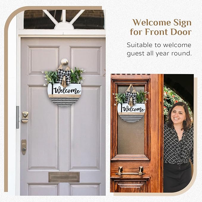 Welcome Sign for Front Door Decor - Walasis Hanging Welcome Signs for All Season Boho Wall Decoration 12inch Wooden Farmhouse Eucalyptus Wreath with Bow Beads for Home