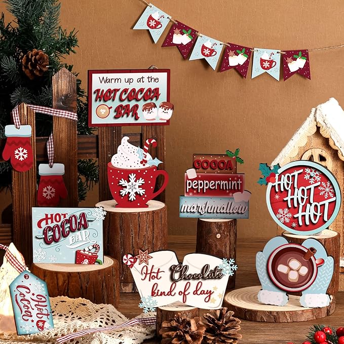 Kajaia 15 Pcs Christmas Tiered Tray Decor Winter Tiered Tray Decorations Set Snowman Snowflake Gingerbread Man Hot Cocoa Wooden Signs Farmhouse Christmas Table Decorations(Hot Cocoa)