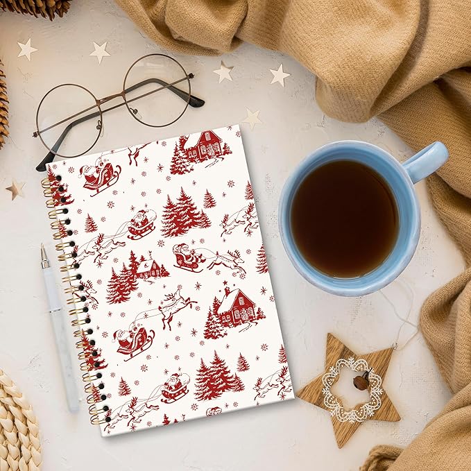 XNXLDYLH Vintage Red Christmas Santa Winter Notebook Journal, Santa Claus Reindeer Spiral Notebook, Vintage Journals Notebooks for Women, Christmas Office School Supplies Gifts for Coworker, 5.5x8.3In