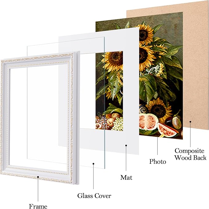 eletecpro 8x10 Picture Frames Set of 4, Vintage 8 x 10 Photo Frames with Glass, Display 5x7 Photo with Mat or 8x10 without Mat for Tabletop or Wall Decor, White