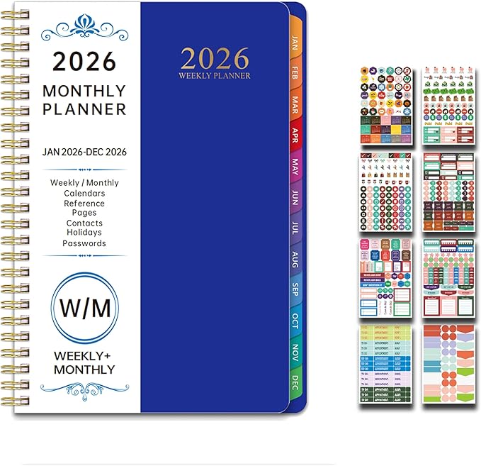 2026 Planner, Weekly and Monthly Planner, January 2026 - December 2026, Calendar Planner A5 (6.5" x 8.5") with Tabs With 8 stickers, Inner Pocket for Home School Office Supplies (Blue)