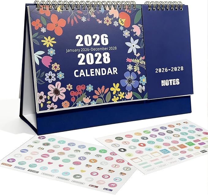 Desk Calendar Jan 2026 - Dec 2028, 10.43" x 7.3" Standing Flip 3-Year Desktop Calendar Monday Start with Memo Pad Golden Wire-Binding, Holiday Markings & 2 Sticker Sheets