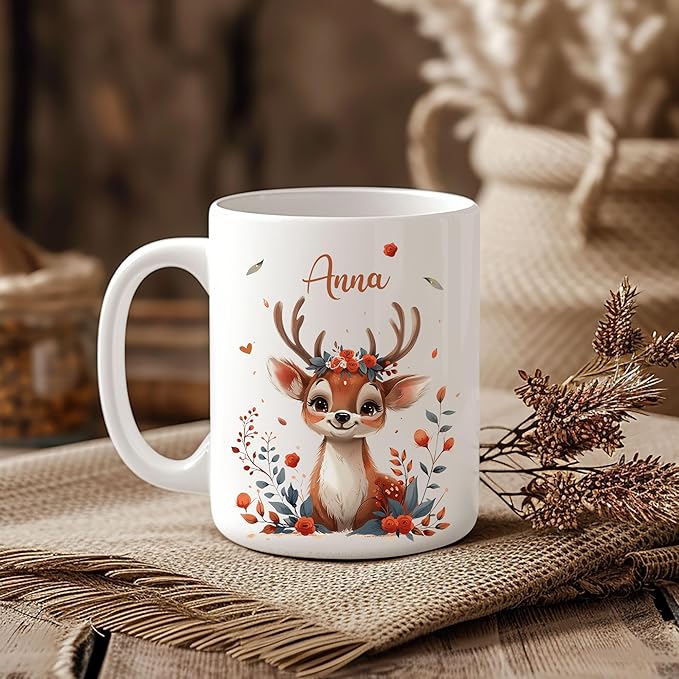 Hyturtle Personalized Cute Reindeer Coffee Mug - Gift for Animal Lover - Just A Girl Who Loves Reindeers - Custom Ceramic Cup 11oz - 15oz