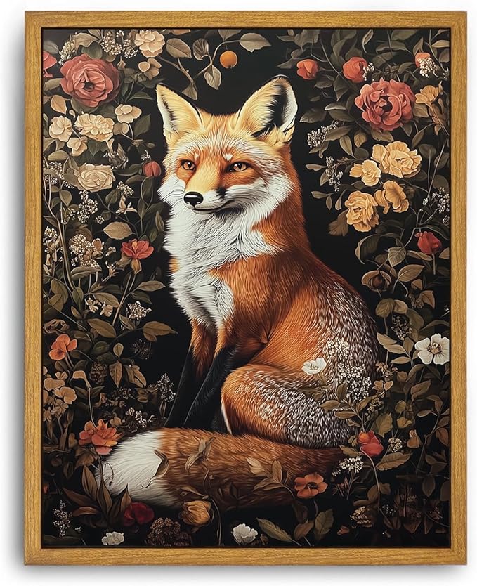 Framed Vintage Wall Art, Boho Canvas Wall Art, Dark Flowers Pictures, Nature Botanical Wall Decor, Fox Animal Paintings Prints, for Living Room Bedroom Home Decor 12x16in