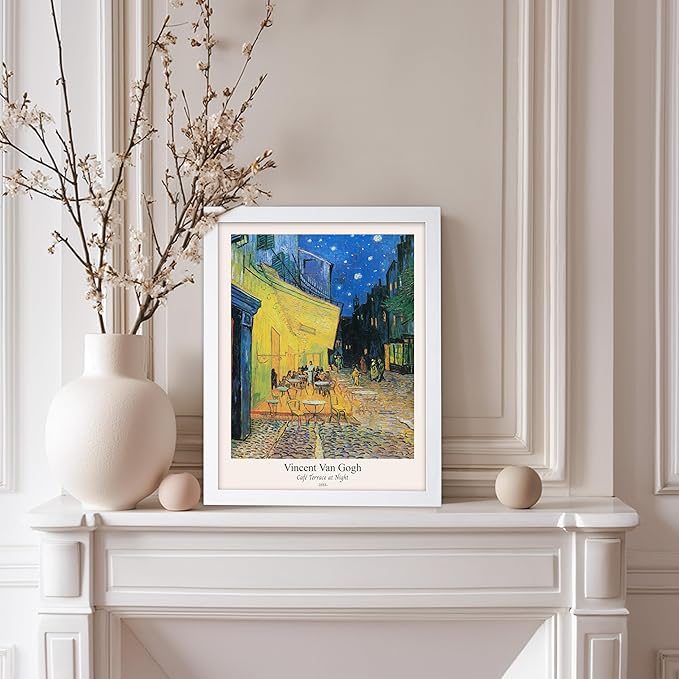 Monem Art Vintage Van Gogh Poster - Retro Cafe Terrace at Night Print - Impressionism Art - Fine Art - Classic Painting Art - Aesthetic Living Room or Bedroom Wall Decor - 8x10 White Framed
