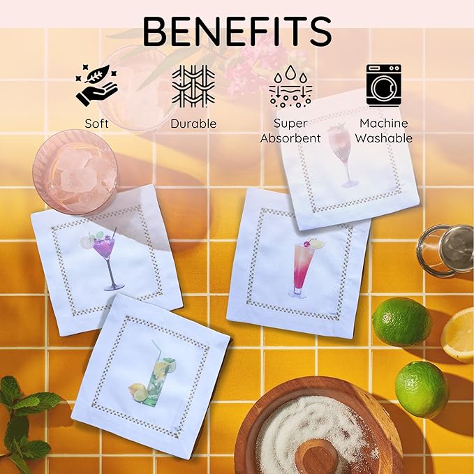 Cocktail Napkins Set of 6, 6x6 inch, 100% Pure Cotton, Unique Printed Patterns, Reusable & Washable Napkin Coasters for Beverages, Parties & Everyday Use (Tropical Fruit Cocktail)