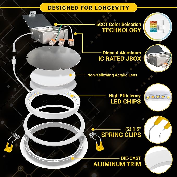 NUWATT 4 Inch Gimbal LED Recessed Lighting, 5CCT 2700K/3000K/3500K/4000K/5000K Selectable, 630 Lumen, Dimmable, Adjustable Canless Eyeball Lights for Sloped Ceilings, Metal Junction Box, 6 Pack