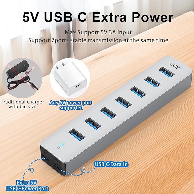 7 Ports USB Hub, Aluminum Multiport Desktop USB Adapter Powered USB Splitter for Laptop, Mobile Phones, PC, PS4 and Other USB Devices(3.3Ft Data Cable+3.3Ft Charging Cable)