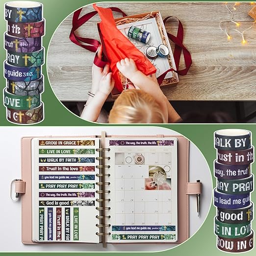 Janlaugh 24 Rolls Christian Washi Tape Gifts Bulk Religious Inspirational Scripture Supplies Bible Verse Tape for Bible Study Journaling Crafting Christmas Stocking Stuffers Gift(Cross)