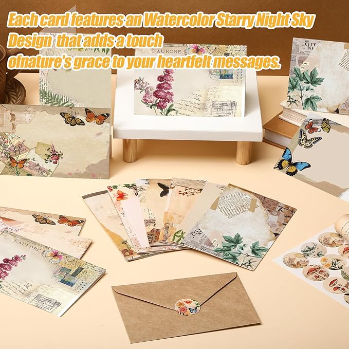100 Pcs Nature Vintage Design Blank Greeting Cards 4x6, Rustic Butterfly Blank Cards, 10 Designs, Great Stationary Set for All Occasions with Matching Rustic Envelopes and Stickers