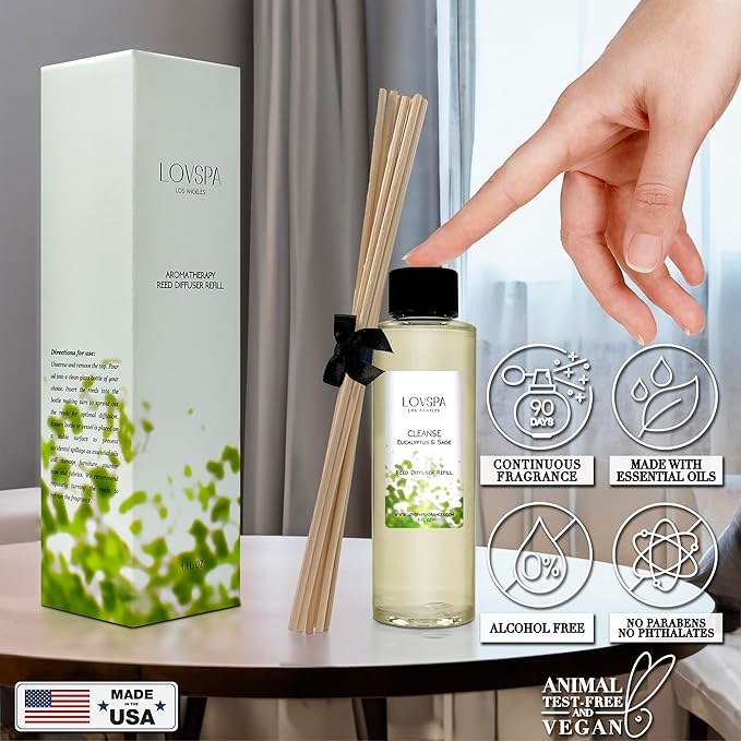 LOVSPA Cleanse Eucalytpus Sage Diffuser Oil - Luxury Essential Oils for Diffuser Refill & Air Freshener Room Spray - Long-Lasting & Natural Home Fragrance, Scented Oil for Diffusers, USA Made, 4oz