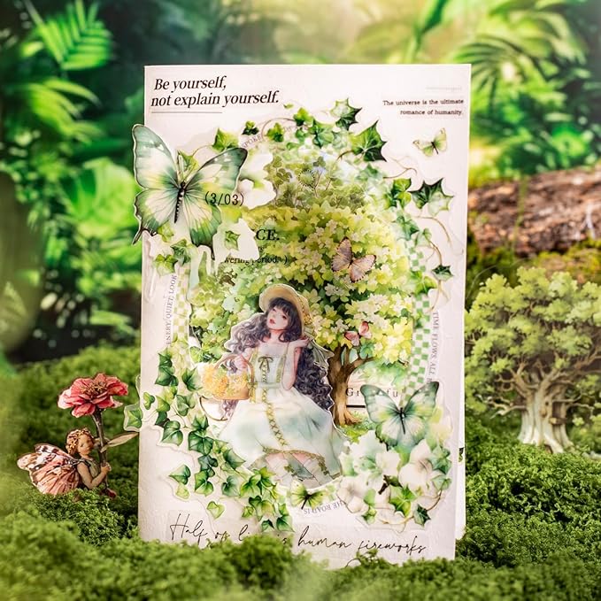 120Pcs Forest PET Scrapbook Stickers Botanical Designs for Scrapbooking Waterproof Journaling Supplies Junk Journal Ephemera with Storage Organizer