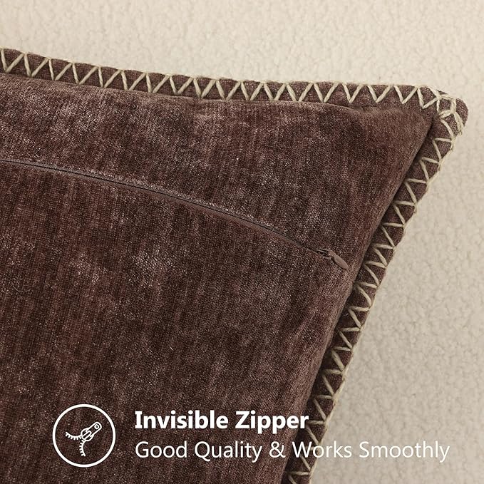 decorUhome Spring Chenille Soft Throw Pillow Covers 24x24 Set of 2, Farmhouse Velvet Neutral Decorative Euro Sham Pillow Covers with Stitched Edge for Couch Sofa Bed Home Decor, Chocolate