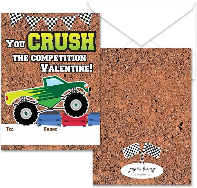 Paper Frenzy Monster Truck Themed Valentines - 25 pack WITH ENVELOPES