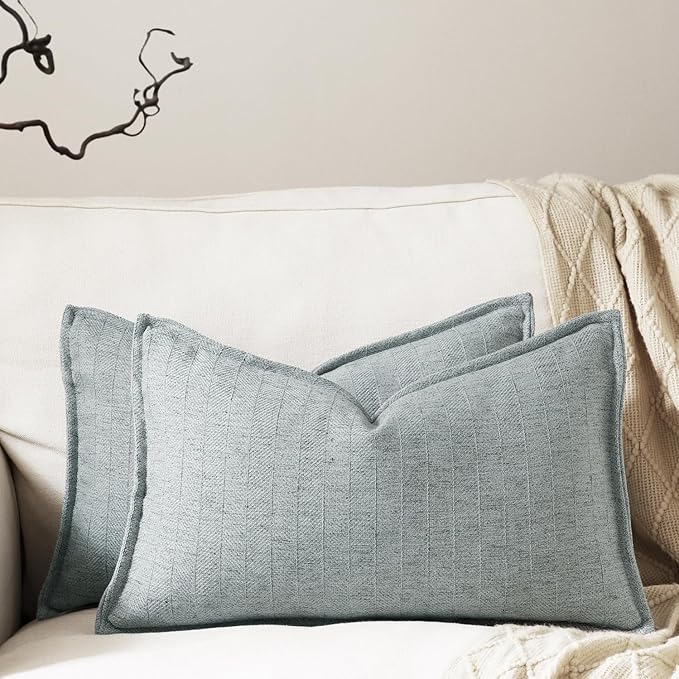 12x20 Linen Pillow Covers Steel Blue Pack of 2 Farmhouse Boho Neutral Accents Striped Textured Rectangular Lumbar Decorative Throw Pillow Cases for Living Room Couch Bed Home Decor