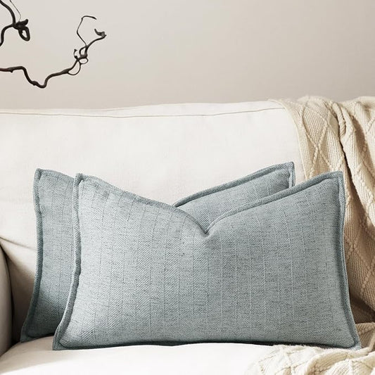 12x20 Linen Pillow Covers Steel Blue Pack of 2 Farmhouse Boho Neutral Accents Striped Textured Rectangular Lumbar Decorative Throw Pillow Cases for Living Room Couch Bed Home Decor